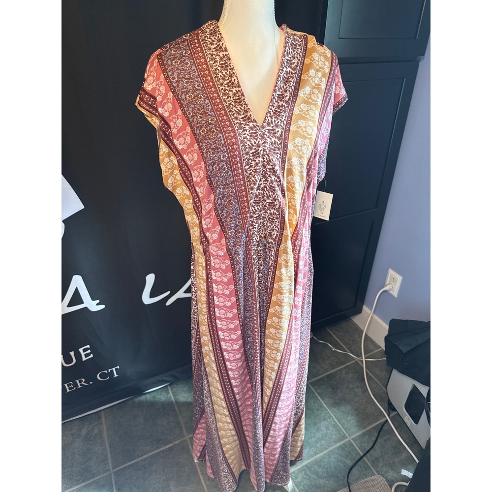 Cactus + Pearl Womens XXL Boho Floral Stripe V-Neck Drawstring Maxi Dress NWT - Picture 3 of 7